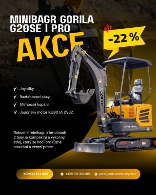 🔥 AKCE NA MINIBAGR GORILA G20SE I PRO! 🔥 Získej slevu 22 % na jeden z nejoblíbenějších minibagrů! Kompaktní a výkonný...